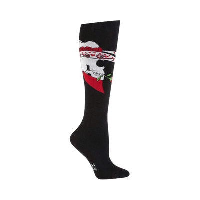 Black knee-high socks with a graphic design of a sugar skull wearing a red and white bandana and holding a rose.