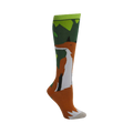 Knee-high socks in orange, green, and white, featuring a whimsical illustration of a fox in a forest setting.