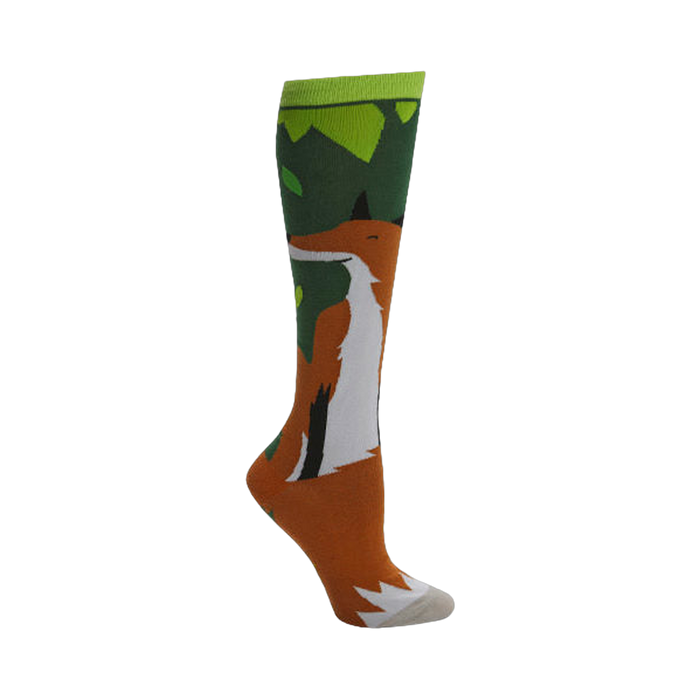 Knee-high socks in orange, green, and white, featuring a whimsical illustration of a fox in a forest setting. }}