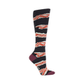 Knee-high socks in dark navy with a repeating pattern of orange and off-white bacon stripes.  Burgundy heel and toe.