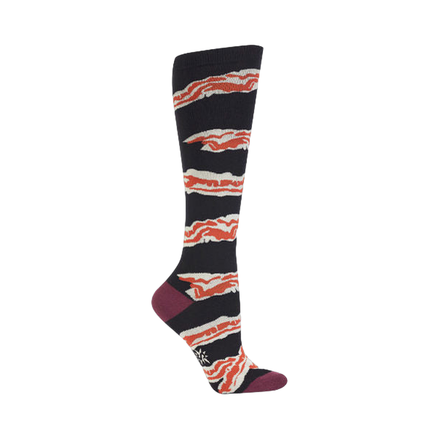 Knee-high socks in dark navy with a repeating pattern of orange and off-white bacon stripes.  Burgundy heel and toe.