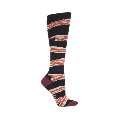 Knee-high socks in dark navy with a repeating pattern of orange and off-white bacon stripes.  Burgundy heel and toe.