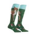 Pair of women's knee-high socks. Green background with illustrations of fawns, mushrooms, and light blue cuff.