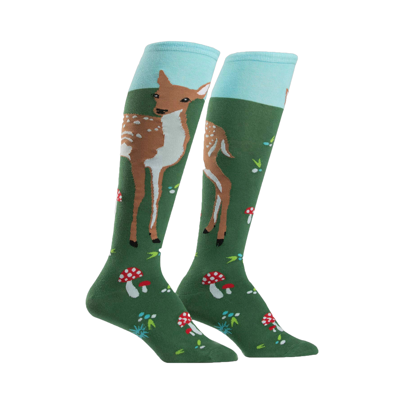 Pair of women's knee-high socks. Green background with illustrations of fawns, mushrooms, and light blue cuff.