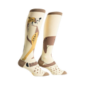 Pair of cream-colored knee-high socks with a stylized cheetah design in brown and gold.  Features brown polka dots and a brown cuff.