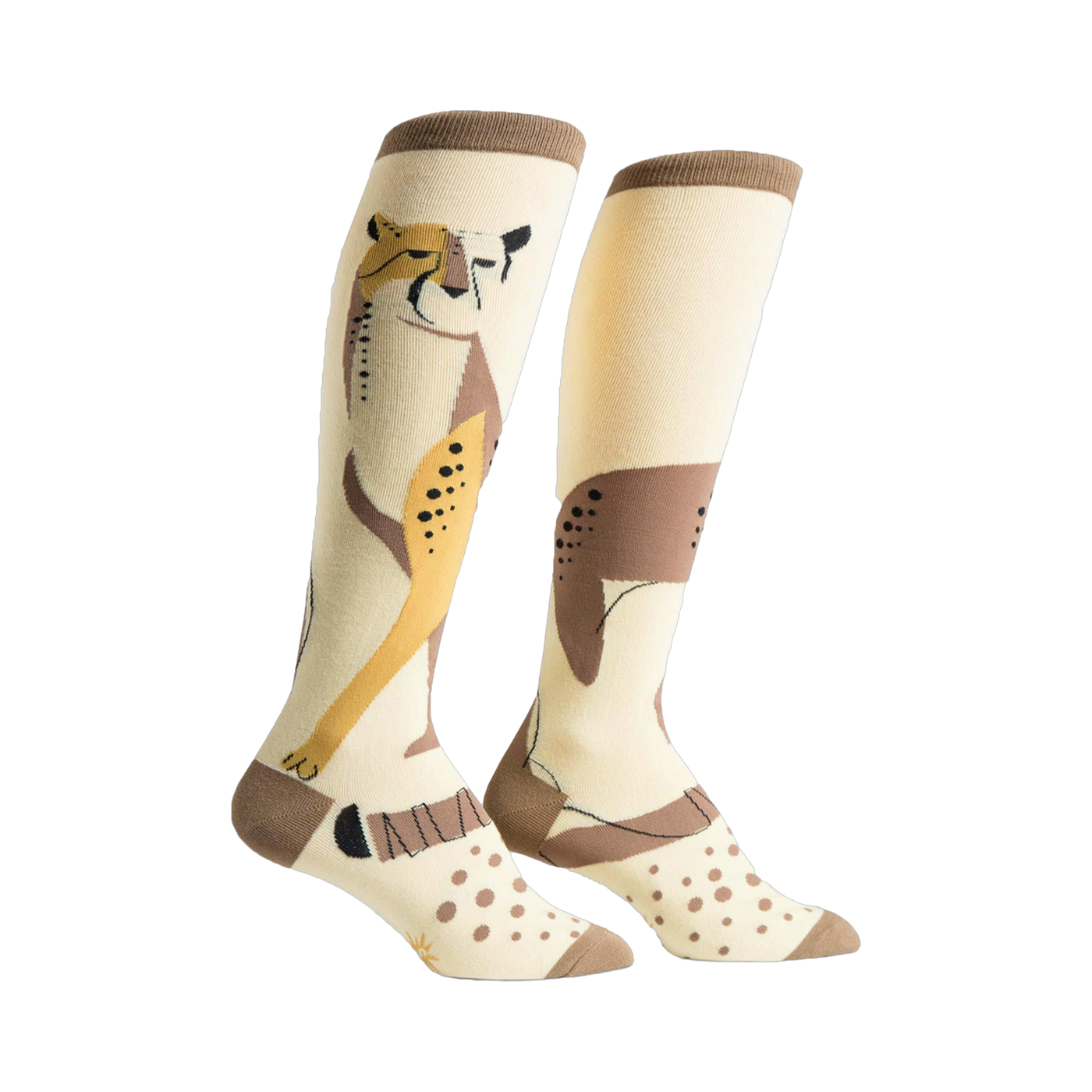 Pair of cream-colored knee-high socks with a stylized cheetah design in brown and gold.  Features brown polka dots and a brown cuff.