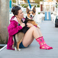 Corgi Butt socks shown in detail with cute corgi motifs against a Birkenstock-style sandal. [lf]