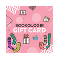 Illustration of a Sockologie gift card with various colorful crew socks in pink, purple, green, and yellow with different patterns.