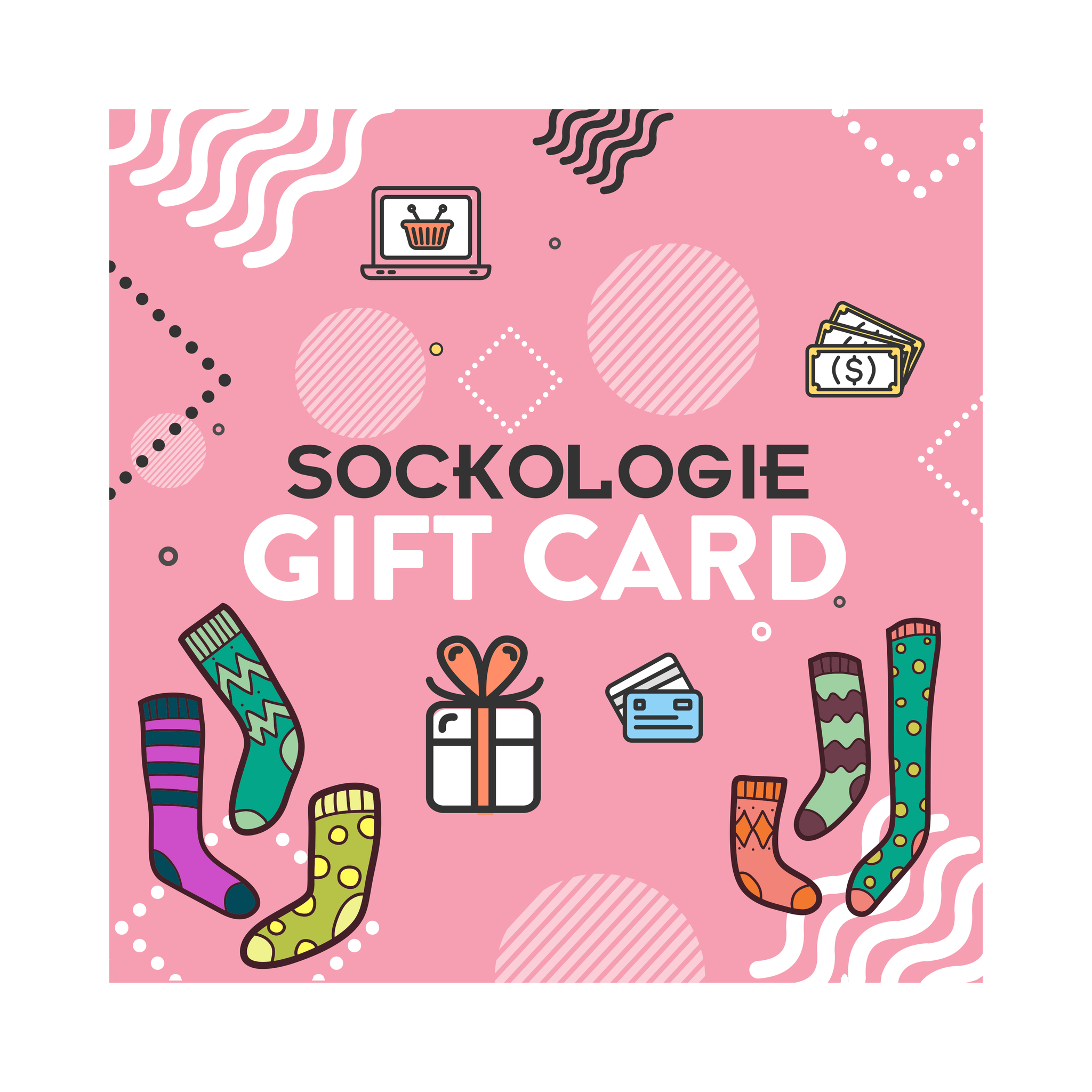 Illustration of a Sockologie gift card with various colorful crew socks in pink, purple, green, and yellow with different patterns.