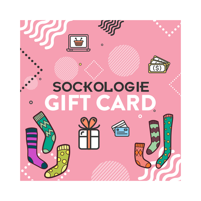 Illustration of a Sockologie gift card with various colorful crew socks in pink, purple, green, and yellow with different patterns. }}