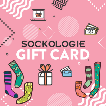 Illustration of a Sockologie gift card with various colorful crew socks in pink, purple, green, and yellow with different patterns.