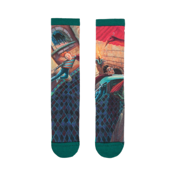 Crew socks with a green cuff, showcasing colorful illustrations from Harry Potter and the Chamber of Secrets, including Harry, Ron, and a phoenix.