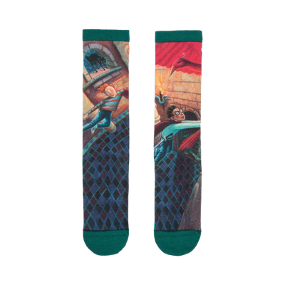 Crew socks with a green cuff, showcasing colorful illustrations from Harry Potter and the Chamber of Secrets, including Harry, Ron, and a phoenix.