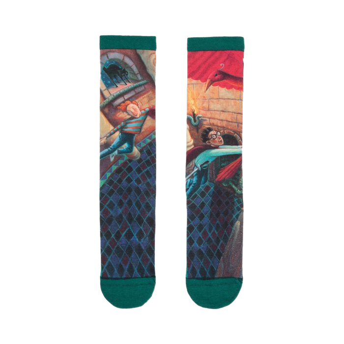Crew socks with a green cuff, showcasing colorful illustrations from Harry Potter and the Chamber of Secrets, including Harry, Ron, and a phoenix. }}