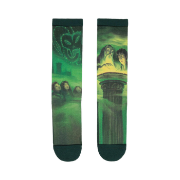 Pair of crew socks in green and yellow, depicting scenes from Harry Potter and the Half-Blood Prince book cover, including Dumbledore, Harry, and the Prince's memory.