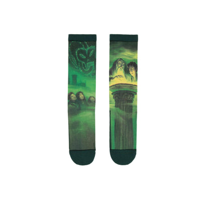 dark green crew socks feature scene from harry potter and the half-blood prince book/movie.   