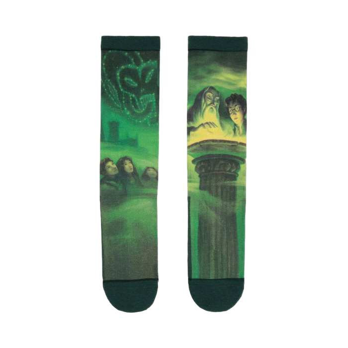 Pair of crew socks in green and yellow, depicting scenes from Harry Potter and the Half-Blood Prince book cover, including Dumbledore, Harry, and the Prince's memory. }}