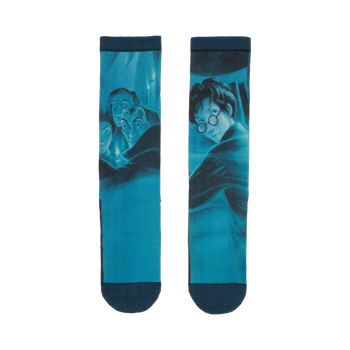 Pair of teal crew socks depicting a scene from Harry Potter and the Order of the Phoenix. Harry is prominently featured, along with other characters, in a shadowy, mystical setting.