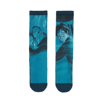 Pair of teal crew socks depicting a scene from Harry Potter and the Order of the Phoenix. Harry is prominently featured, along with other characters, in a shadowy, mystical setting.