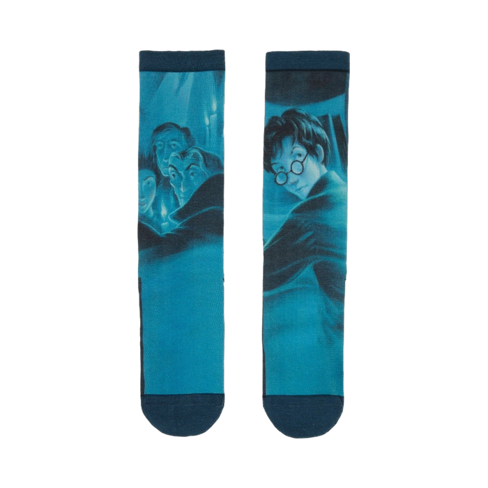 Pair of teal crew socks depicting a scene from Harry Potter and the Order of the Phoenix. Harry is prominently featured, along with other characters, in a shadowy, mystical setting. }}