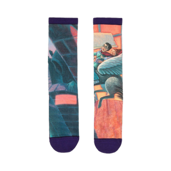 Crew socks with purple cuffs. One sock shows Harry and Hermione on a Hippogriff, the other shows Sirius Black.  Images are from the Prisoner of Azkaban book.