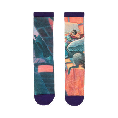 Crew socks with purple cuffs. One sock shows Harry and Hermione on a Hippogriff, the other shows Sirius Black.  Images are from the Prisoner of Azkaban book.