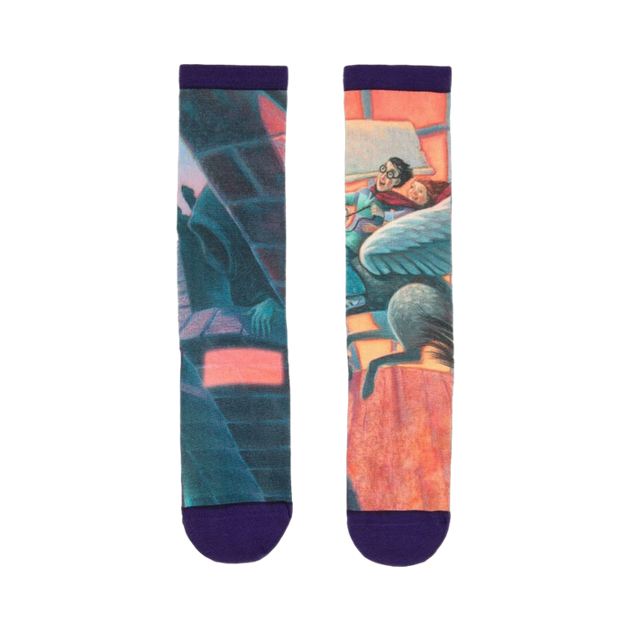 Crew socks with purple cuffs. One sock shows Harry and Hermione on a Hippogriff, the other shows Sirius Black.  Images are from the Prisoner of Azkaban book. }}