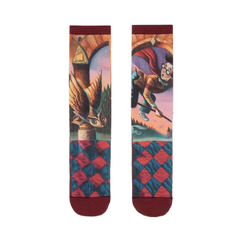 Crew socks showcasing Harry Potter and the Sorcerer's Stone cover art.  Features Harry on a broomstick, Hedwig, and a burgundy/blue diamond pattern.