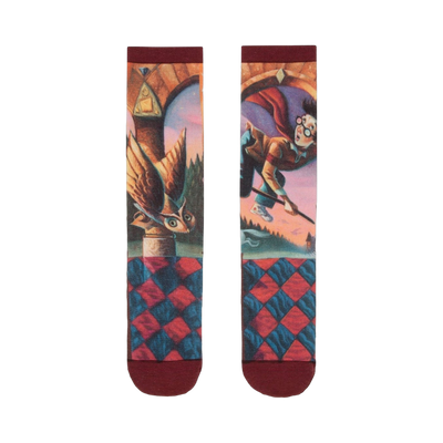 Crew socks showcasing Harry Potter and the Sorcerer's Stone cover art.  Features Harry on a broomstick, Hedwig, and a burgundy/blue diamond pattern.