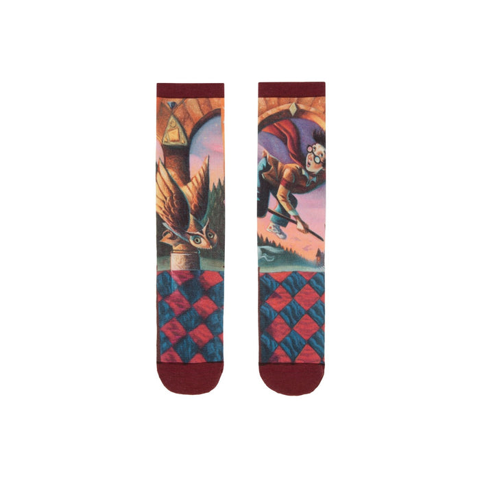 harry potter and the sorcerer's stone crew socks, maroon with blue and red diamond pattern, featuring harry, his broomstick, owl, and forest   }}
