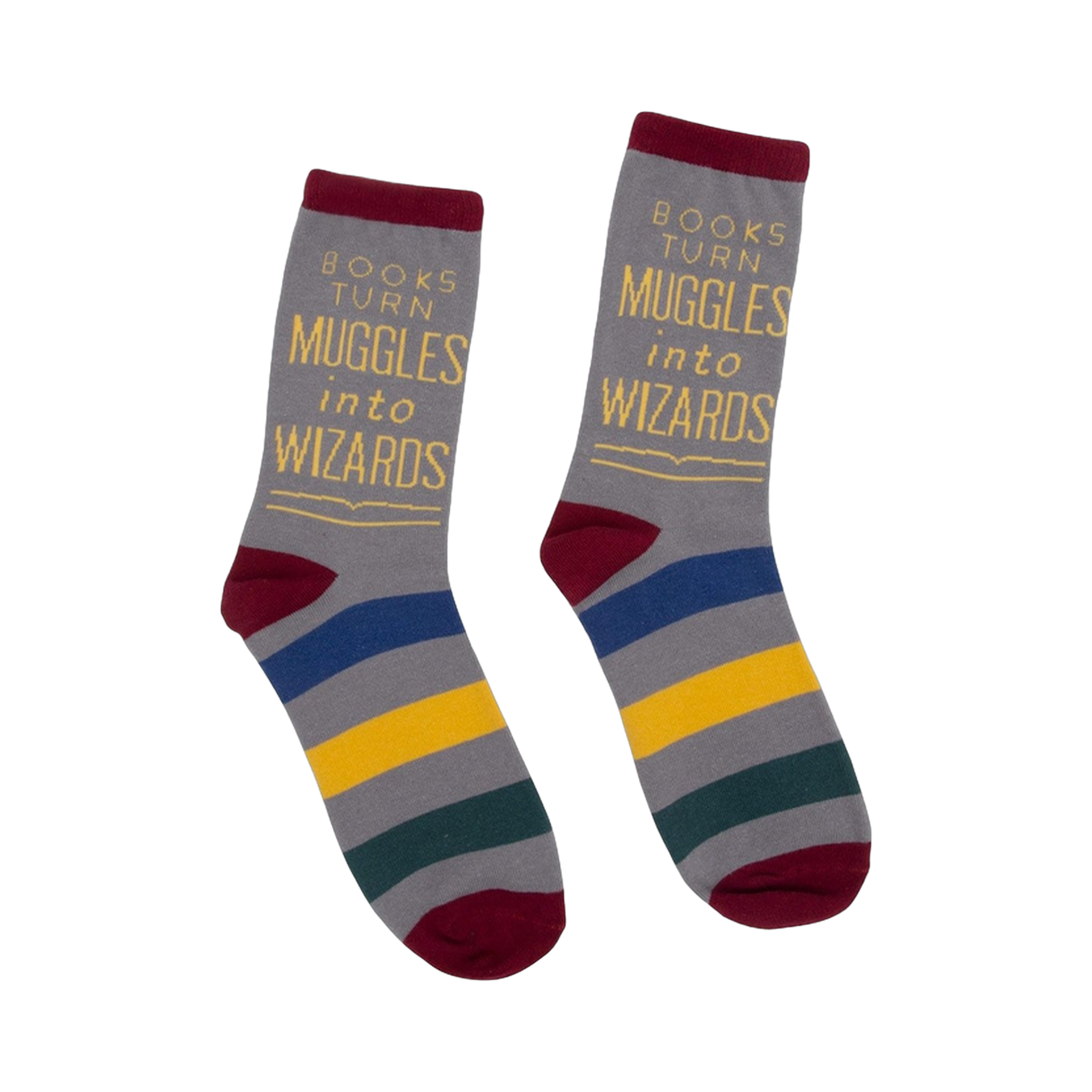 A pair of gray crew socks with maroon, blue, gold, and green stripes. The socks feature the quote: "Books turn Muggles into Wizards."