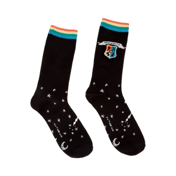 Black crew socks with a multicolored Hogwarts crest and white stars. Features a rainbow colored cuff.