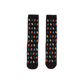 harry potter hogwarts house crew socks in black with red, yellow, blue, and green animal silhouettes. for men and women.  