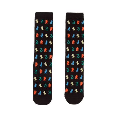 Pair of black crew socks with repeating pattern of Hogwarts house crests (lion, eagle, badger, snake) in teal, orange, yellow, and red.