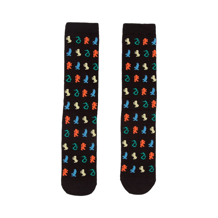 Pair of black crew socks with repeating pattern of Hogwarts house crests (lion, eagle, badger, snake) in teal, orange, yellow, and red. }}