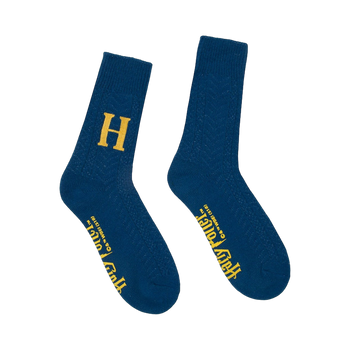 Pair of dark blue crew socks. One sock has a gold 'H', the other has 'Harry Potter' in gold lettering. Subtle textured pattern.