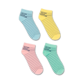Four pairs of pastel-colored crew socks.  Each sock has a library card design printed on it with the words: AUTHOR, TITLE, DATE DUE.
