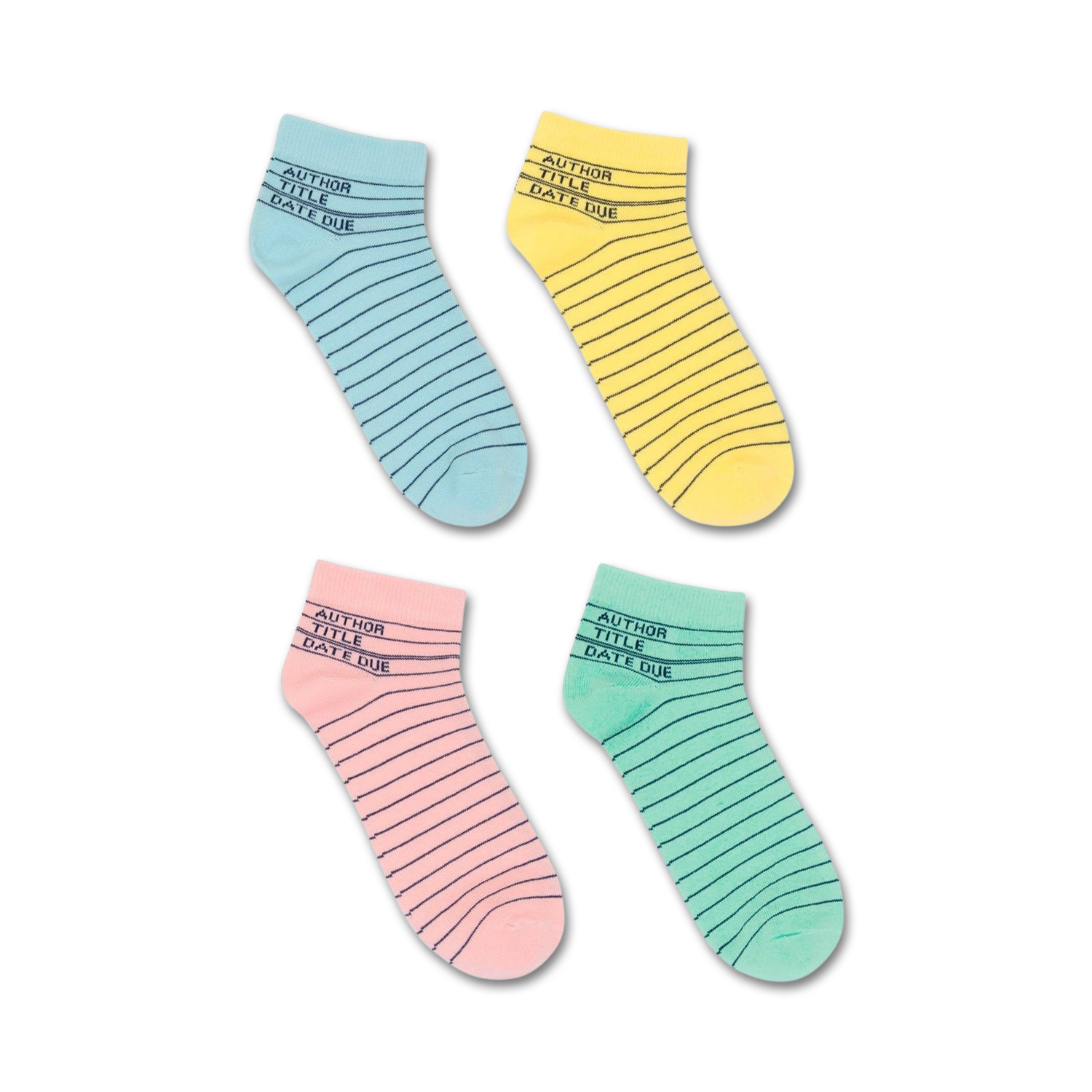 Four pairs of pastel-colored crew socks.  Each sock has a library card design printed on it with the words: AUTHOR, TITLE, DATE DUE.