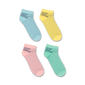 ankle socks for men and women featuring a white line pattern on pastel background, designed with library card theme. "author," "title," "date due" printed in black ink.  