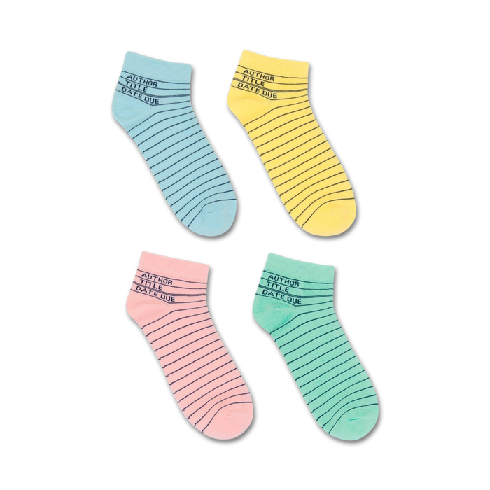 ankle socks for men and women featuring a white line pattern on pastel background, designed with library card theme. 