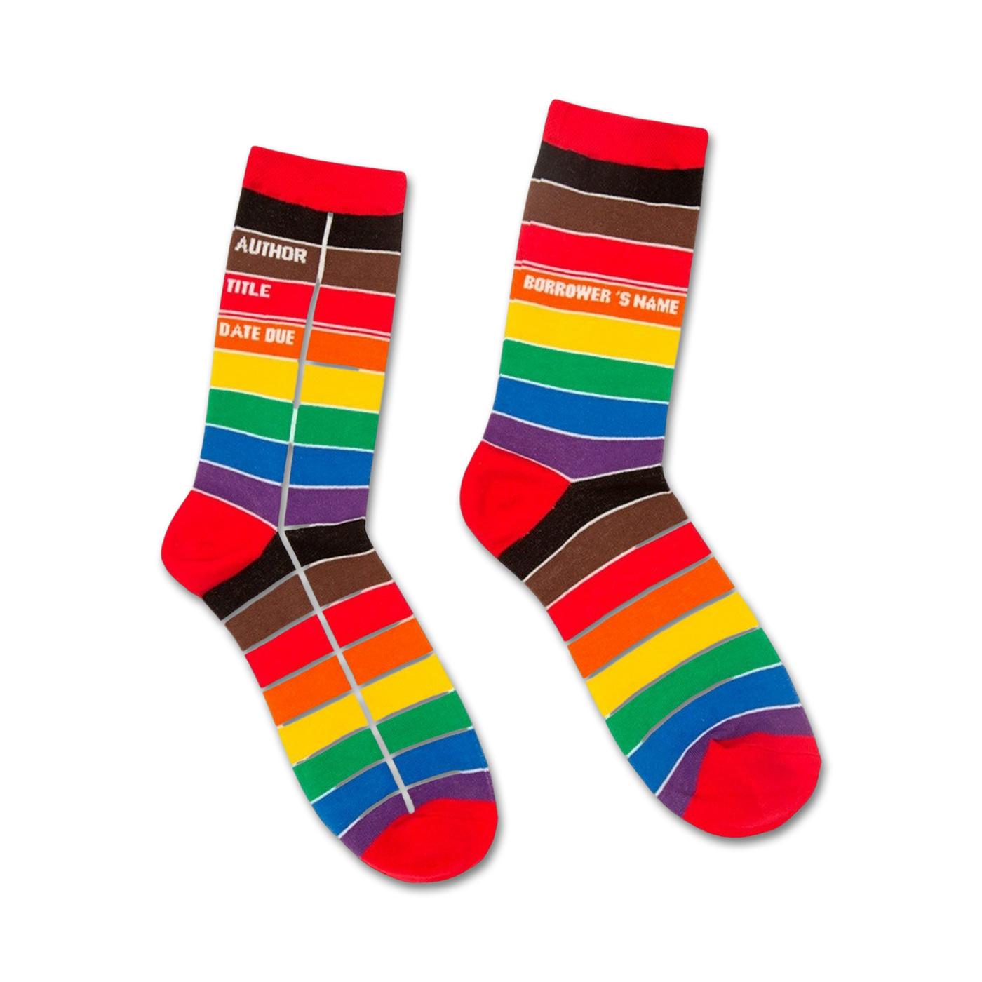 Pair of crew socks featuring rainbow stripes and a library card-inspired design.  Colors include red, orange, yellow, green, blue, indigo, and violet.
