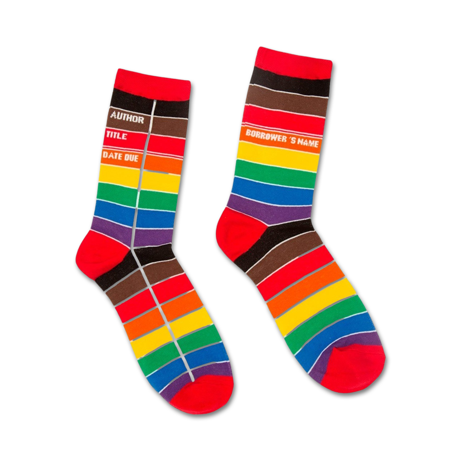 Pair of crew socks featuring rainbow stripes and a library card-inspired design.  Colors include red, orange, yellow, green, blue, indigo, and violet.