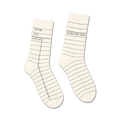 Pair of off-white crew socks featuring a library card design.  Black lines mimic the look of a book checkout card.