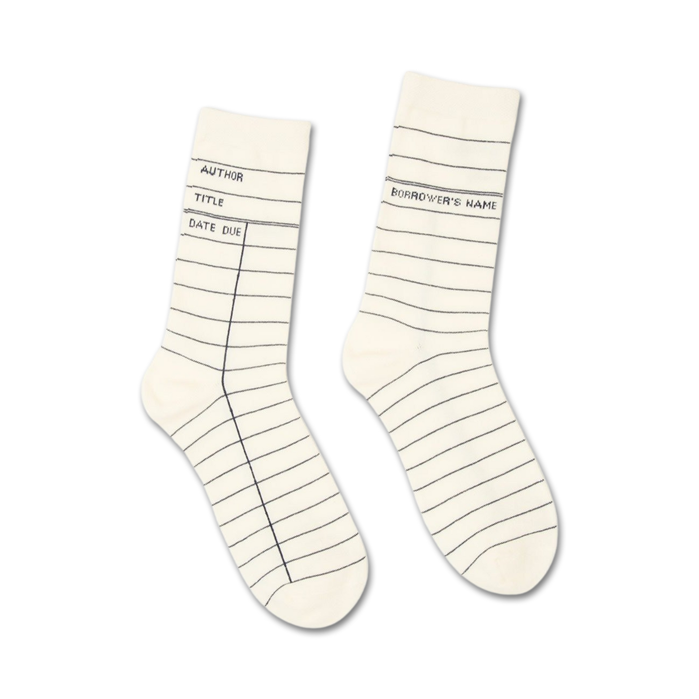 Pair of off-white crew socks featuring a library card design.  Black lines mimic the look of a book checkout card.