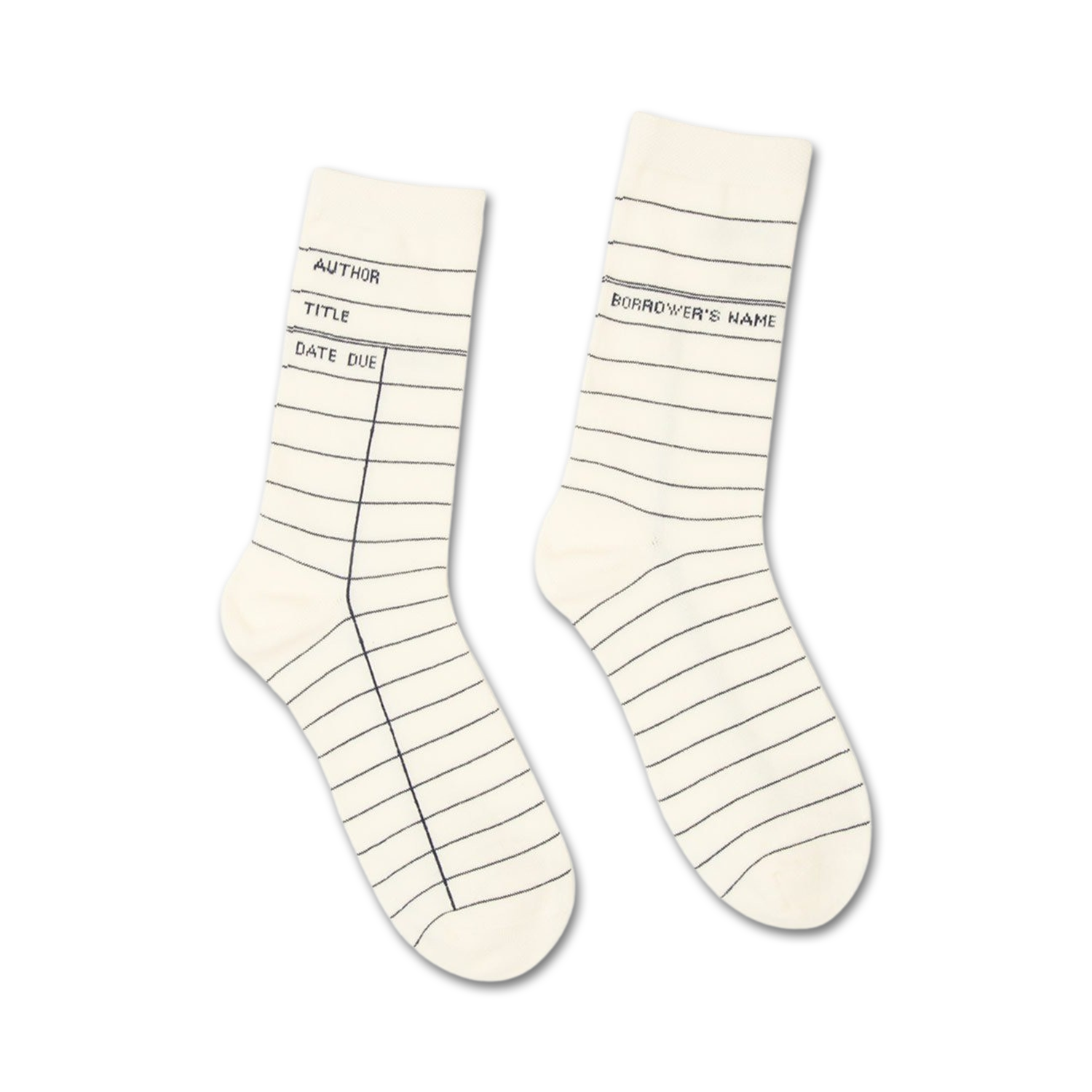 Pair of off-white crew socks featuring a library card design.  Black lines mimic the look of a book checkout card.