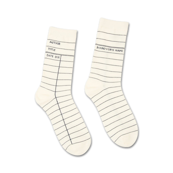 library card white crew socks feature art & literature theme with black lines.   