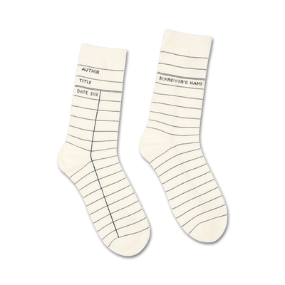 library card white crew socks feature art & literature theme with black lines.   