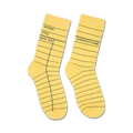 Pair of pastel yellow crew socks featuring a library card design with black lines and text.