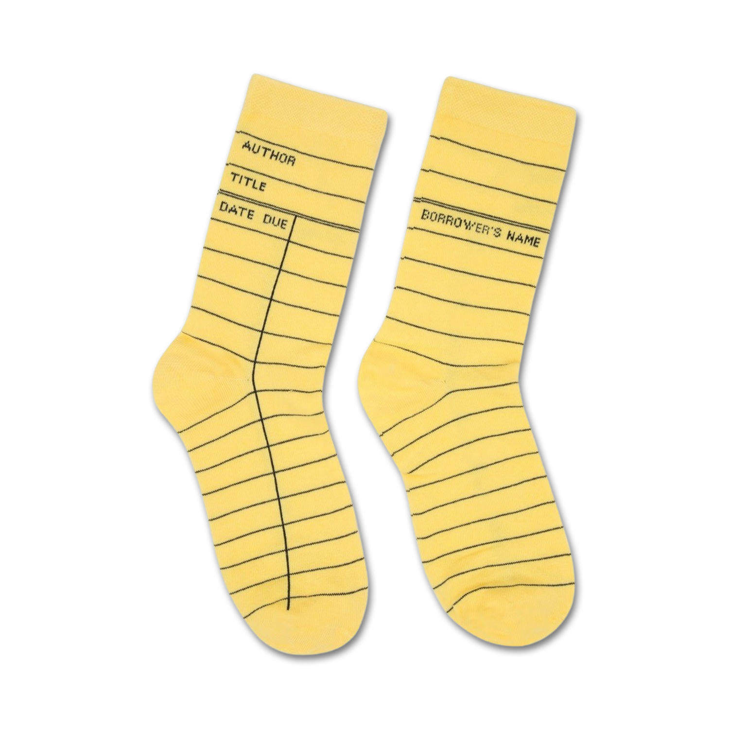 Pair of pastel yellow crew socks featuring a library card design with black lines and text.