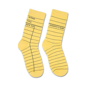 library card yellow crew socks for men and women with black lines to resemble a library card.  